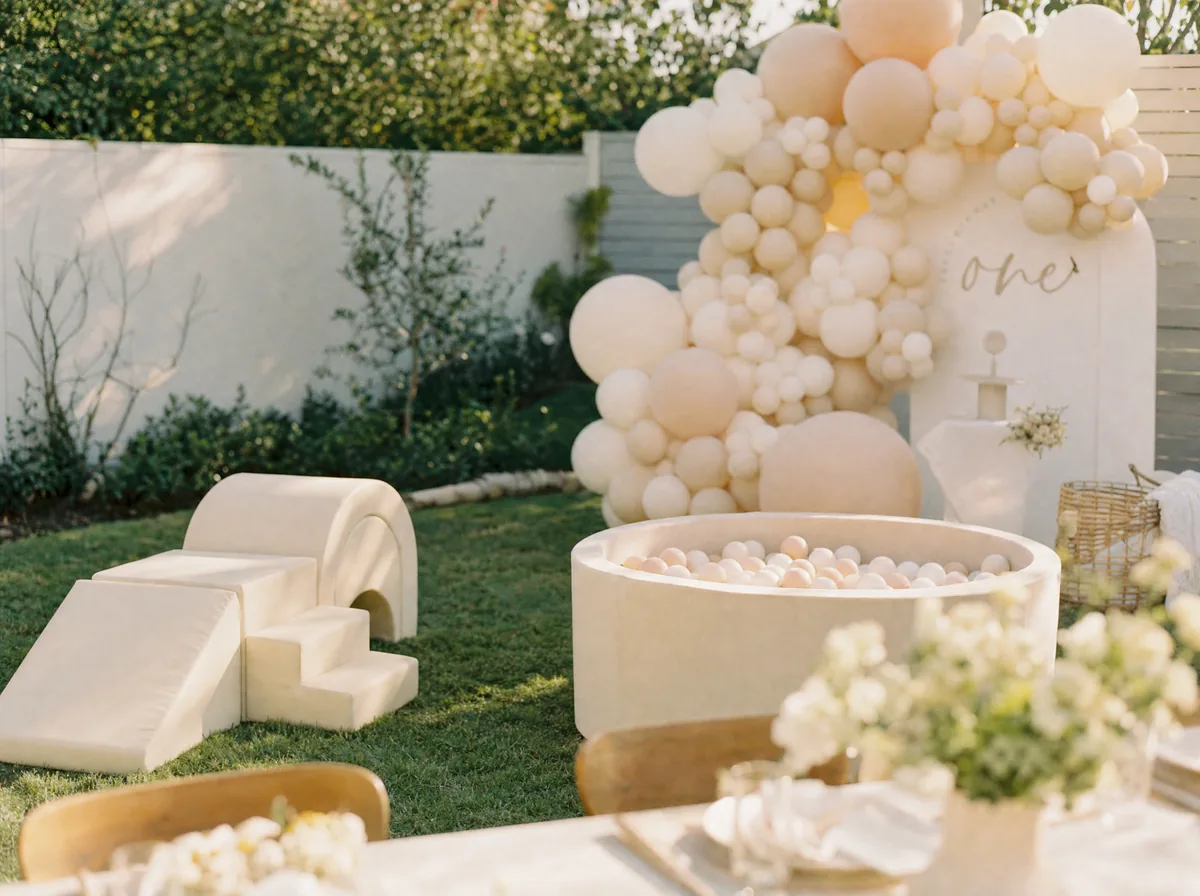 Neutral soft play setup on a lawn