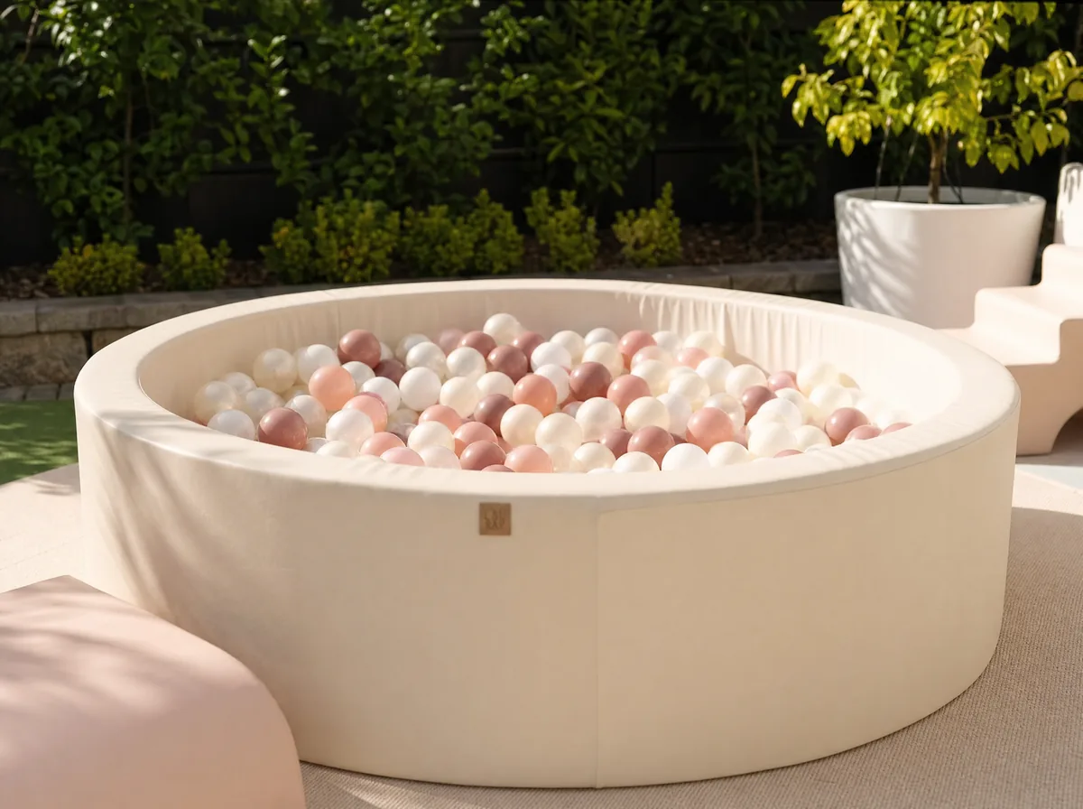 Round ball pit filled with pastel balls