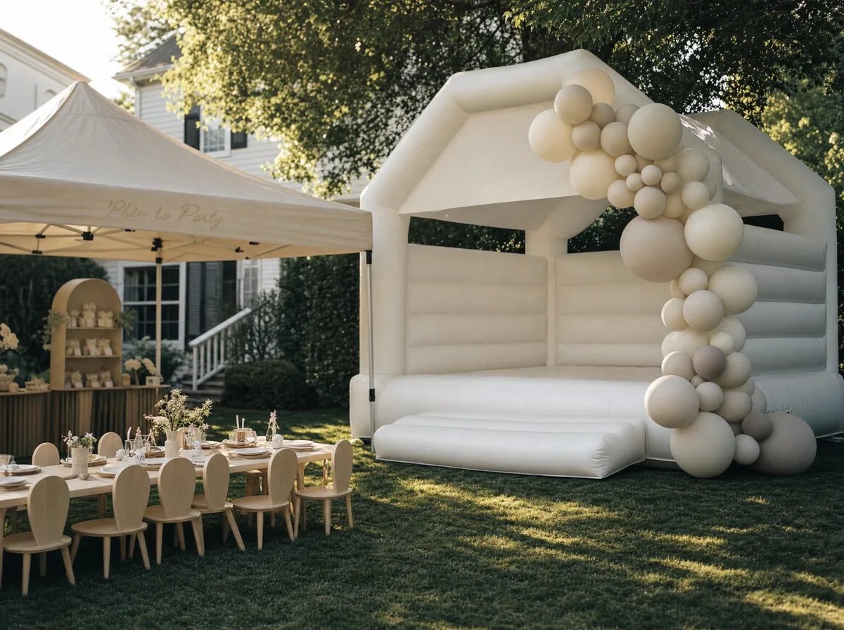 Bounce house, canopy and party seating